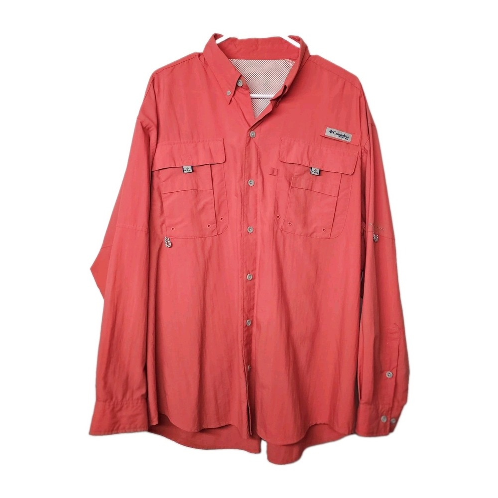 Columbia PFG Mens Size 2XL Tall Vented Fishing Long Sleeve Omni-Shade Coral EUC